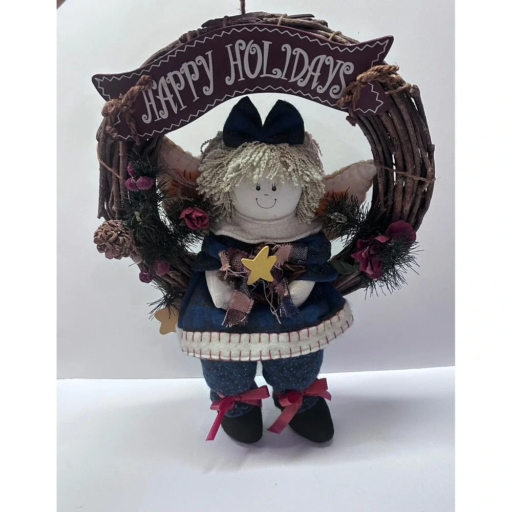 Vintage Handmade Christmas Angel Wreath Wall Hanging Happy Holidays Grapevine